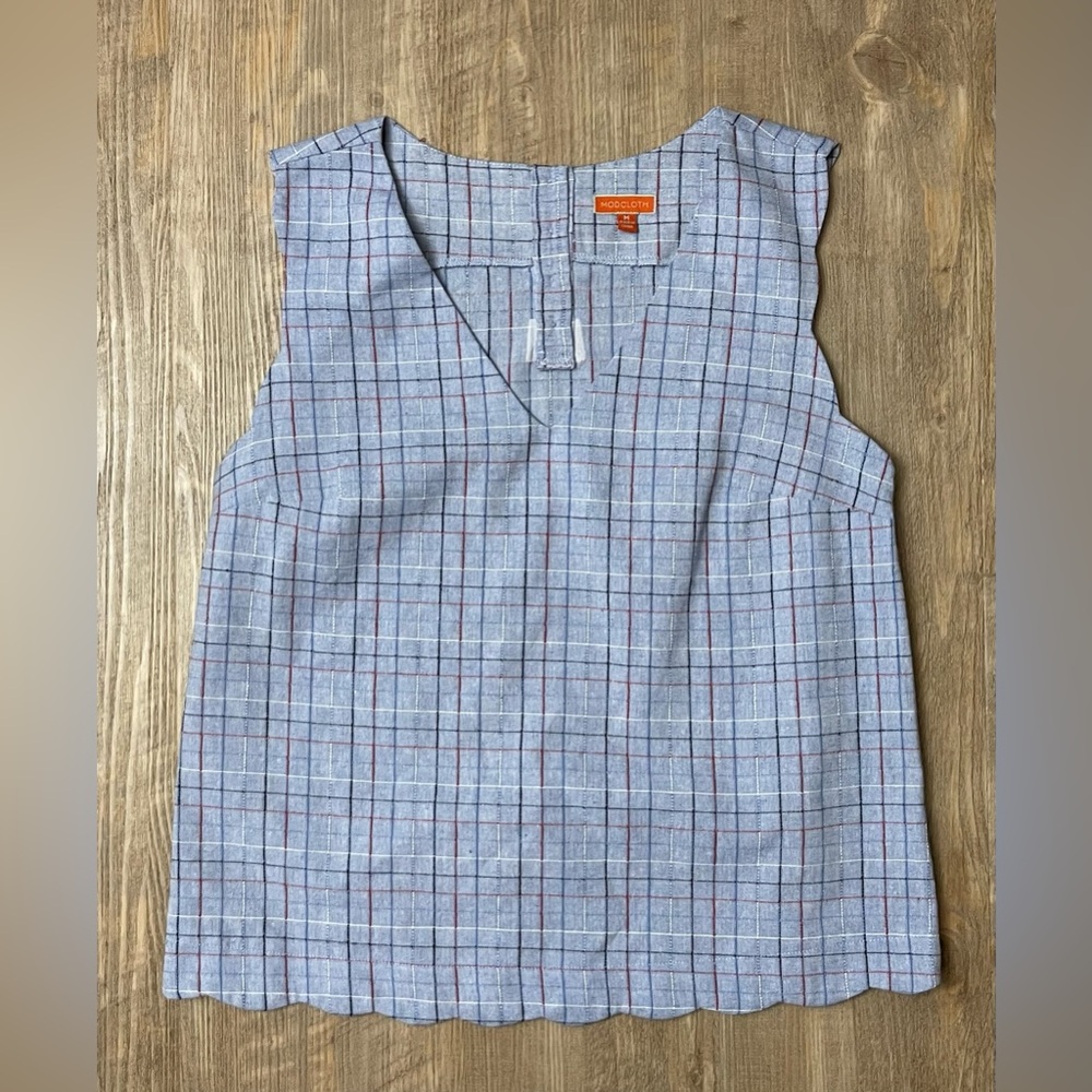 Modcloth Blue Chambray Red White Sleevless Scalloped Cotton Patriotic Blouse Med